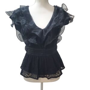 Express Black Peplum Ruffle Blouse Women Petite SP Elegant Top EUC